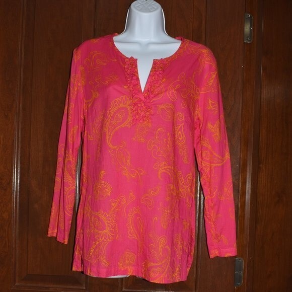 J McLaughlin Hot Pink Paisley Blouse Small V Neck Cotton Boho Tunic Top - Picture 7 of 15